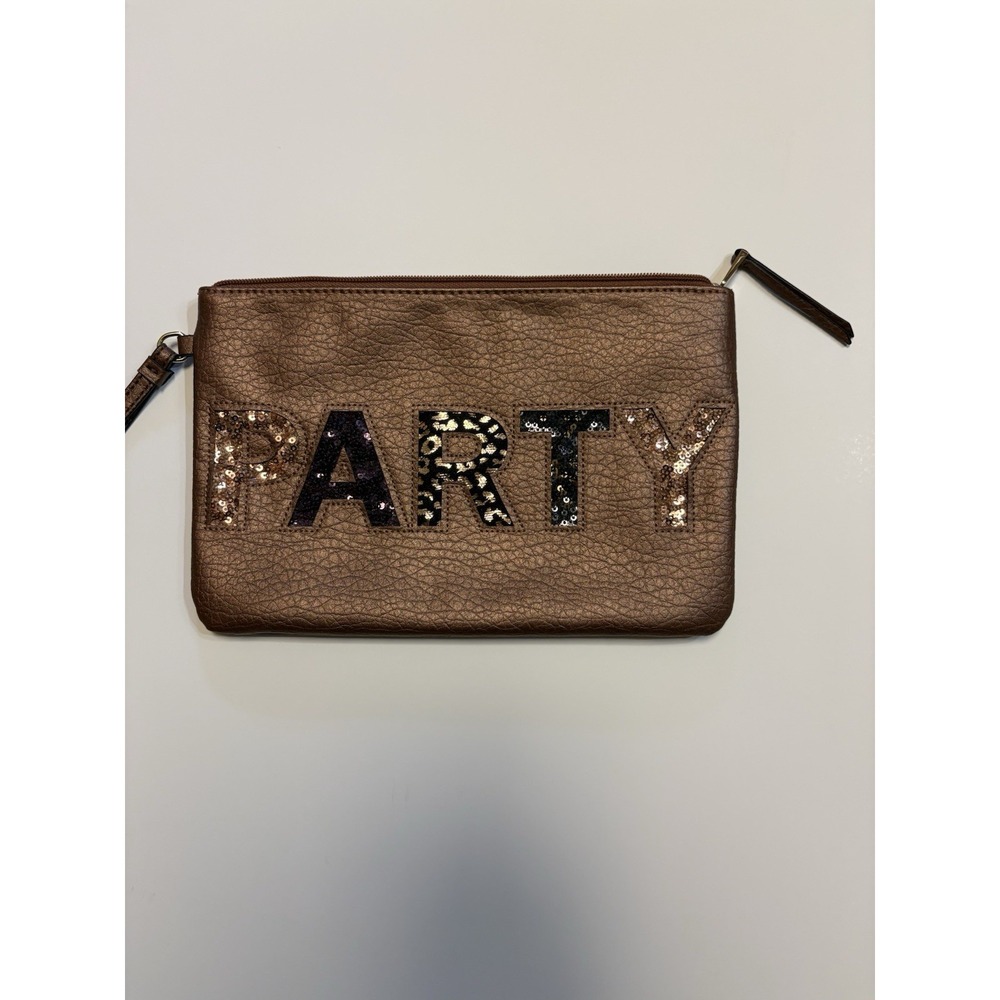 Juicy Couture Brown Sequin Wristlet Clutch Zip Closure Pink Lining Party